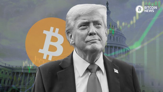 The image features Donald Trump superimposed with a Bitcoin logo, the US Capitol building, and a stock market graph. This visual suggests a connection between government actions concerning cryptocurrency, like the $288M transfer to Coinbase Prime, and political figures.