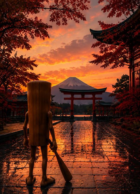 An artistic illustration of a wooden figure holding a baseball bat, viewing a torii gate, Mount Fuji, and red maple trees at sunset.