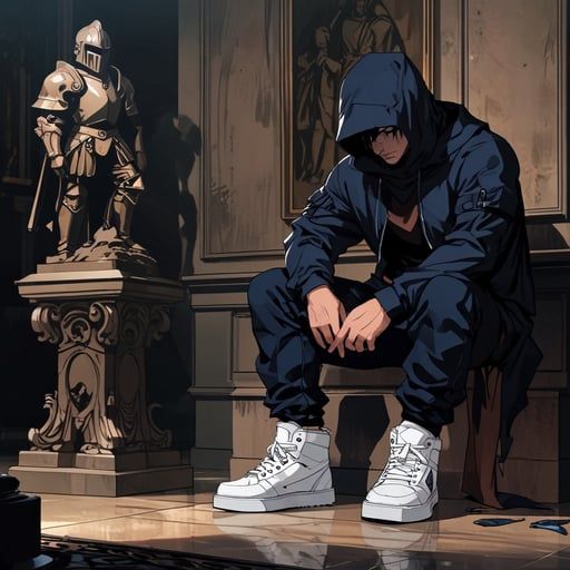 The image features a man sitting down with his legs crossed, wearing a blue hooded jacket and white sneakers. The scene takes place indoors, possibly in an art studio or a similar setting. There are two statues present in the room - one on a pedestal near the left side of the image and another smaller statue positioned towards the right side. The man's position and attire suggest that he is taking a break from his work to rest for a moment before continuing with his tasks.