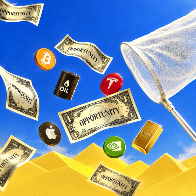 A vibrant illustration depicting various investments and assets, including dollar bills labeled 'OPPORTUNITY', Bitcoin, oil, Tesla, Nvidia, Apple, and gold bars, alongside a butterfly net against a blue sky, suggesting the capture of financial gains.