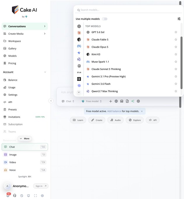 A screenshot of the Cake AI platform showing a model selection menu with top models including GPT 5.6 Sol, Claude Faible 5, Claude Opus 5, Kimi K3, Muse Spark 1.1, Claude Sonnet 5 Thinking, Gemini 3.1 Pro, Gemini 3.6 Flash, and Qwen 3 Max Thinking.