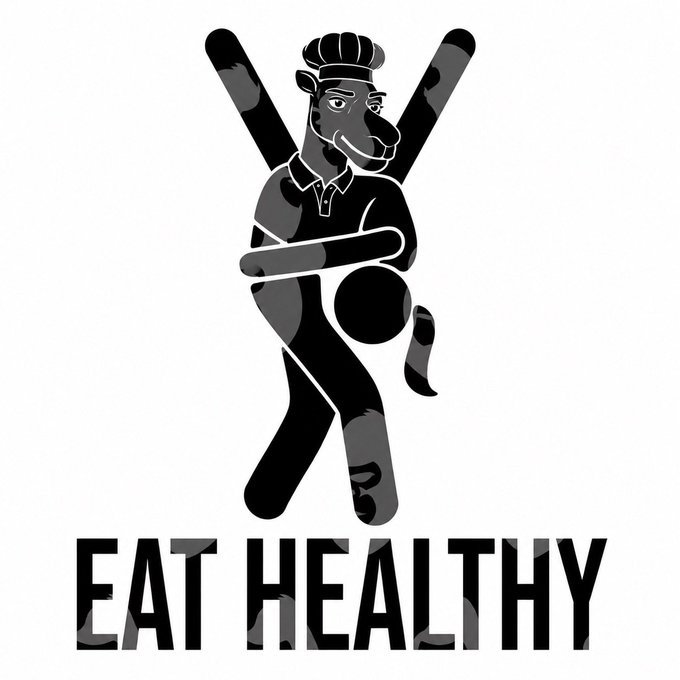 A black and grey graphic illustration of an anthropomorphic giraffe character in a polo shirt carrying crossed cricket bats, with the text "EAT HEALTHY" below.