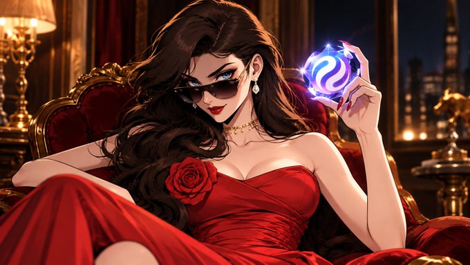 A digital illustration of a stylish woman in a red dress wearing sunglasses, sitting in an ornate chair while holding a glowing orb containing a purple and blue 'S' symbol.