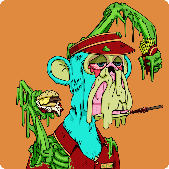 A colorful illustration of a grotesque blue monkey-like character with melting green slime, wearing a red cap and shirt, holding a small burger and french fries, with green drippy limbs.