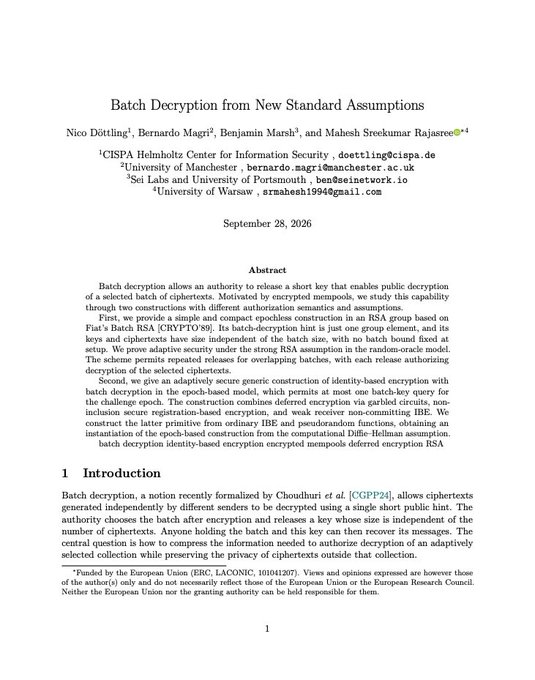 First page of an academic paper titled "Batch Decryption from New Standard Assumptions" by Nico Döttling, Bernard Magri, Benjamin Marsh, and Mahesh Sreekumar Rajasree, dated September 28, 2026.