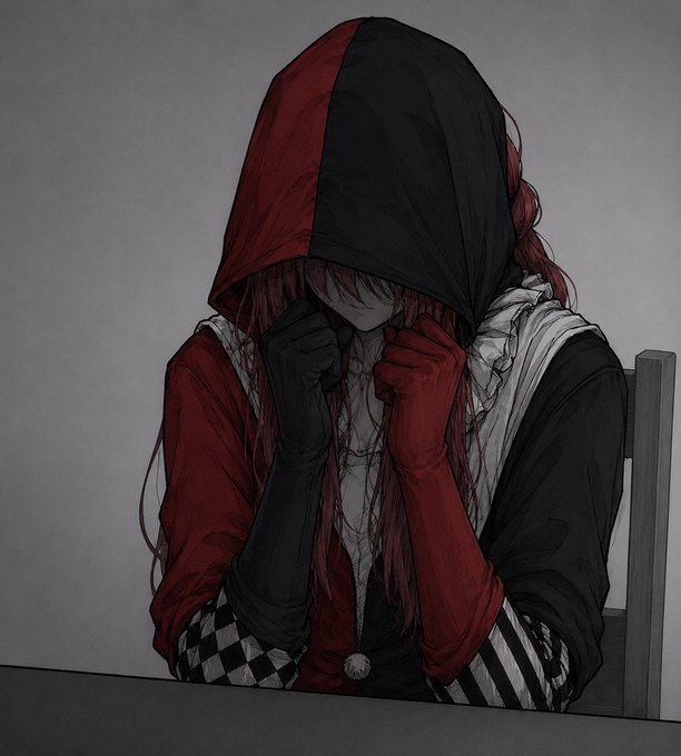 An anime-style drawing of a character with long red hair, wearing a red and black hooded jacket and checkered sleeves, sitting with their head bowed and hands clasped near their face.