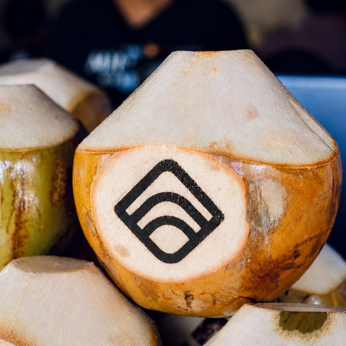 A close-up of a fresh young coconut with a logo burned into it, showing a geometric design of curved lines within a square.
