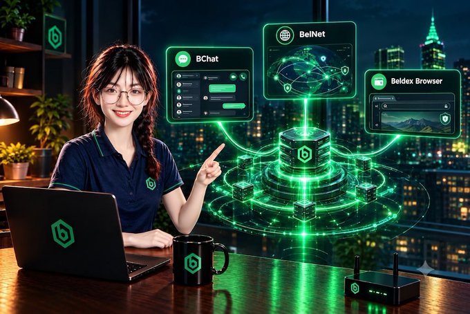 A digitally illustrated woman wearing glasses and a dark polo shirt sits at a desk with a laptop, pointing toward floating holographic screens labeled 'BChat', 'BelNet', and 'Beldex Browser' connected by green light beams.