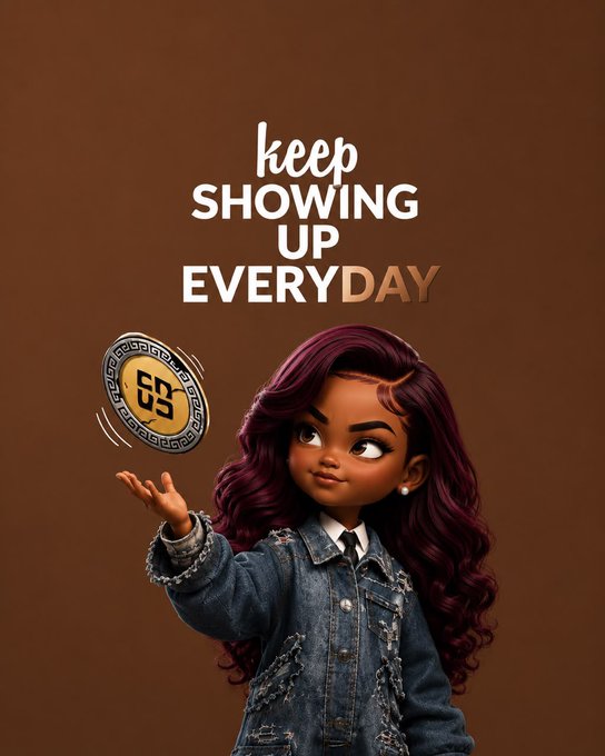 A 3D-rendered cartoon girl with long burgundy hair tossing a Nomisma token in the air with the text 'keep SHOWING UP EVERYDAY' above her.