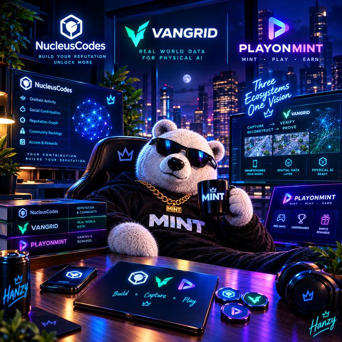 A promotional graphic for three brands—NucleusCodes ("Build your reputation, unlock more"), VANGRID ("Real world data for physical AI"), and PlayOnMint ("Mint, Play, Earn")—featuring a bear wearing sunglasses and a gold "MINT" chain holding a mug in a high-tech city setting.