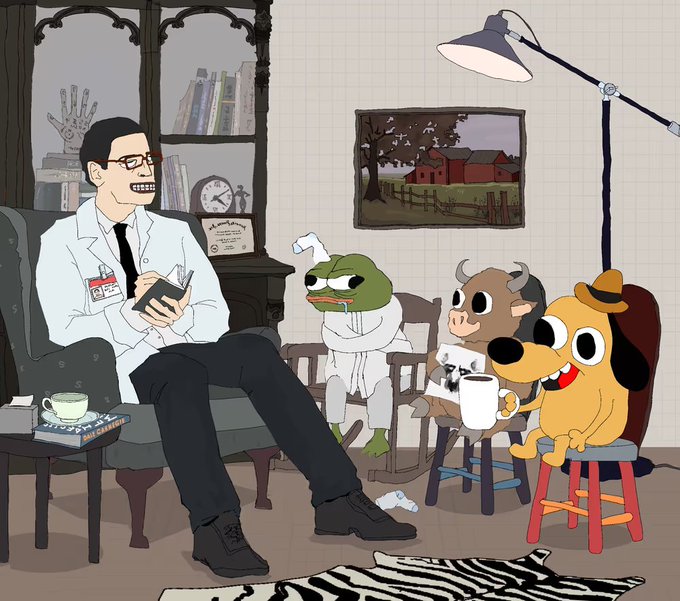 A cartoon scene of a therapist in a white coat sitting in a chair and holding a notepad, while three animal characters—a frog in a straitjacket, a cow, and a dog—sit across from him in a group therapy setting.