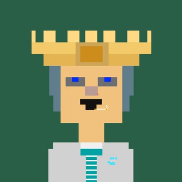 A pixel art image shows a blonde character wearing a golden crown with five points against a dark green background.