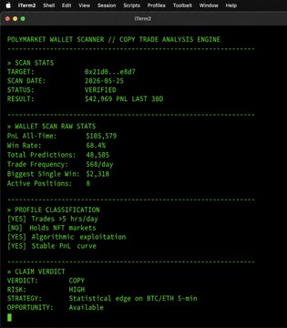 The image shows a screenshot of a computer screen displaying information about a Polymarket Wallet Scanner / Trade Analysis Engine. The screen contains various details such as trade statistics, risk analysis, and trading strategies. The text on the screen includes terms like "Polymarket Wallet Scanner", "Trade Analysis Engine", "Verify", "Risk Analysis", "Trading Strategies", and "Trades". Additionally, there is a list of options available for users to choose from, such as "profile classification", "risk analysis", or "trading strategies". The image also includes a caption that reads: "two weeks ago i posted about this quant bot since then it placed 10,228 more trades it doesn' t sleep, doesn' t check the news since march: 48,505 trades on polymarket one every 2.5 minutes, 24 hours a day same play every time: btc or eth, 5-min window, entry at 40-50c, wait for".