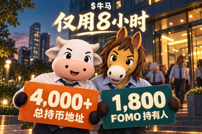 A promotional graphic featuring cartoon cow and horse mascots in business attire holding signs reading "4,000+ 总持币地址" and "1,800 FOMO 持有人" with Chinese text "仅用8小时" above.
