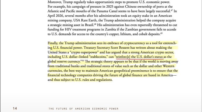 Highlighted excerpt from a document titled "THE FUTURE OF AMERICAN ECONOMIC POWER" discussing the Trump administration's embrace of cryptocurrency as a tool for U.S. economic power, quoting Treasury Secretary Scott Bessent about the U.S. as a "crypto superpower" with U.S. dollar-linked "stablecoins" being "reinforce[d]."