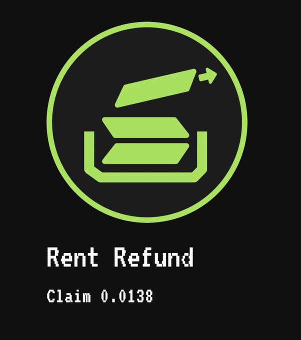A pixel-art style green icon showing a folder being placed into a box, labeled "Rent Refund" with "Claim 0.0138" below.