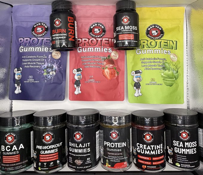 A display of Bad Teddy Supplement products including Protein Gummies in various flavors, BCAA, Pre-Workout, Shilajit, Creatine, Sea Moss, and Burn fat burner.