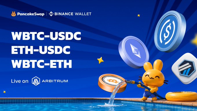 A blue promotional banner from PancakeSwap and Binance Wallet featuring its bunny mascot with a pool skimmer, advertising liquidity pools for WBTC-USDC, ETH-USDC, and WBTC-ETH on the Arbitrum network, directly tying to the post's call to action about earning a share of $25,000 in CAKE rewards.
