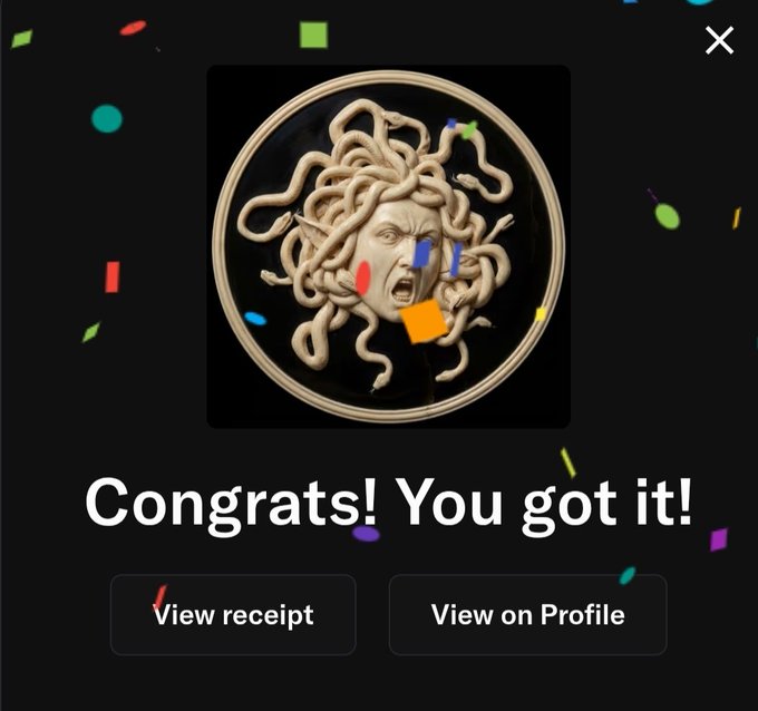 A dark screen with colorful confetti shows a sculpture of Medusa's head in a circular frame with the text 'Congrats! You got it!' and buttons for 'View receipt' and 'View on Profile'.