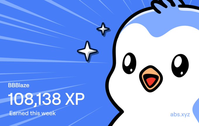 An Abstract XP card for user BBBBlaze showing 108,138 XP earned this week, illustrated with a cute white bird/chick character against a blue background with sparkle effects.