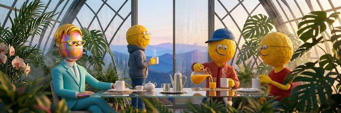 Four smiley-face characters gather around a table in a lush, plant-filled greenhouse, enjoying drinks and tea while overlooking a scenic mountain view at golden hour, embodying the calm, focused energy described in the caption about moving forward with a clear mind.