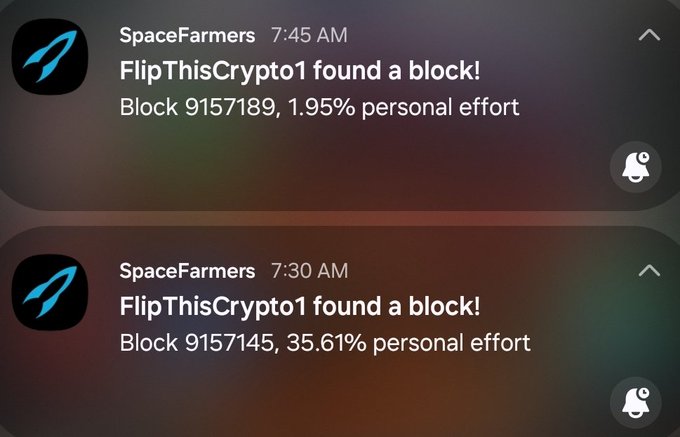 Notifications from SpaceFarmers stating "FlipThisCrypto1 found a block!" with block numbers 9157189 and 9157145.