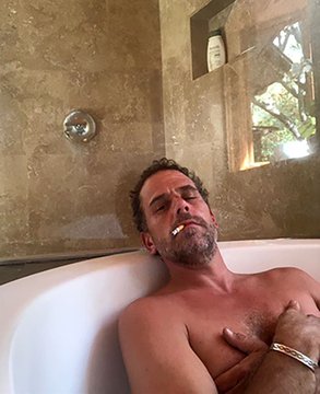 This image shows Hunter Biden in a bathtub, smoking a cigarette, which directly relates to the accompanying post's claim about a significant financial loss on a cryptocurrency token named "$LAPTOP."