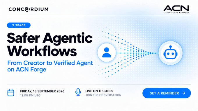 Promotional graphic for an X Space event titled "Safer Agentic Workflows: From Creator to Verified Agent on ACN Forge," hosted by Concordium and AITECH Cloud Network (ACN) on Friday, 18 September 2026 at 12:00 PM UTC, featuring a "Set a Reminder" button to join the conversation about verifying the human creators behind AI agents while preserving their anonymity.