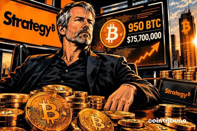 Michael Saylor sits surrounded by Bitcoin coins and Strategy-branded displays showing "950 BTC" and "$75,700,000," with an upward chart and city skyline in the background, visually reinforcing the announcement of Strategy's latest 950 BTC purchase.