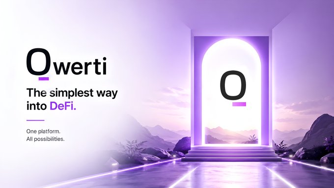A purple-lit digital archway stands over a reflective path leading toward distant mountains, featuring the "Qwerti" logo alongside the tagline "The simplest way into DeFi" and "One platform. All possibilities." The image visually reinforces the post's message by presenting Qwerti as the gateway that simplifies DeFi onboarding, much like how Bitcoin and Uniswap once made crypto entry accessible to the masses.