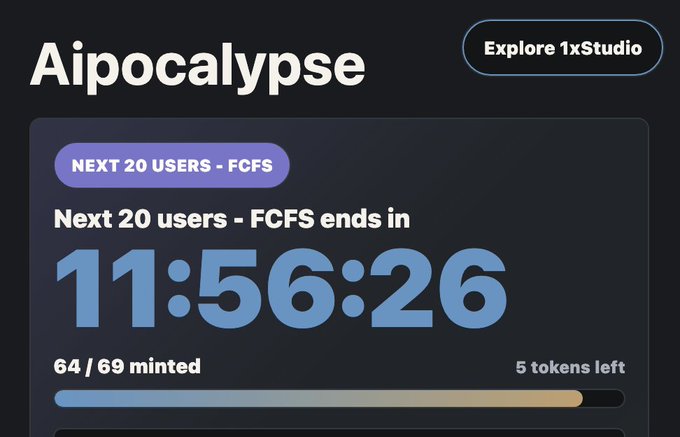A promotional graphic titled 'Aipocalypse' showing an FCFS mint countdown timer at 11:56:26, with 64/69 minted and 5 tokens left.