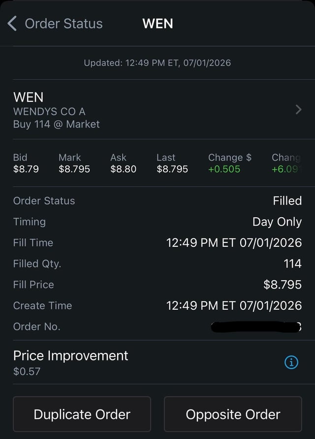 A mobile app Order Status screen for WEN (Wendy's Co A) showing a filled buy order for 114 shares at $8.795, updated 12:49 PM ET on 07/01/2026, with options to Duplicate or Oppose the order.