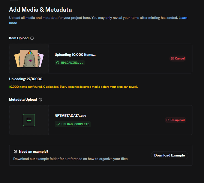 A dark-themed web interface titled 'Add Media & Metadata' showing an in-progress upload of 10,000 NFT items (currently at 277/10000) and a completed 'NFTMETADATA.csv' file upload.