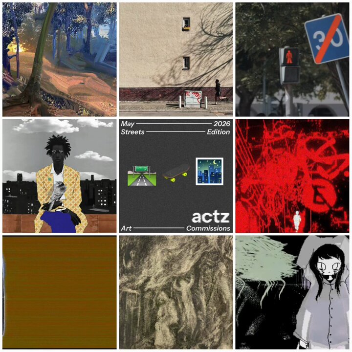 The image is a collage featuring various illustrations, including drawings of people with skateboards and other objects like a tree, a building, and a stop sign. The collage also includes artwork related to the theme of "Streets" by the artists featured in the auction post. This collage showcases different perspectives on urban life through creative art pieces inspired by streets and cityscapes.