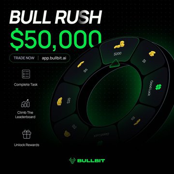 The image shows a circular object with various elements, including coins at each point around the circle symbolizing the value of $50,000, and text reading "Bull Rush", "Trade Now", or possibly "BULL RUSH 交易大赛". The design suggests that it might be part of a marketing campaign related to a coin-based game. In addition to these elements, there are illustrations of people participating in the "bull rush" activity and descriptions of various rewards and benefits associated with the game, including "chainlink", "优化", "查验", "每天都在剧烈变化", "大家之前有多乔", "奖池解锁潜力", and possibly a list of the games available to participate in.