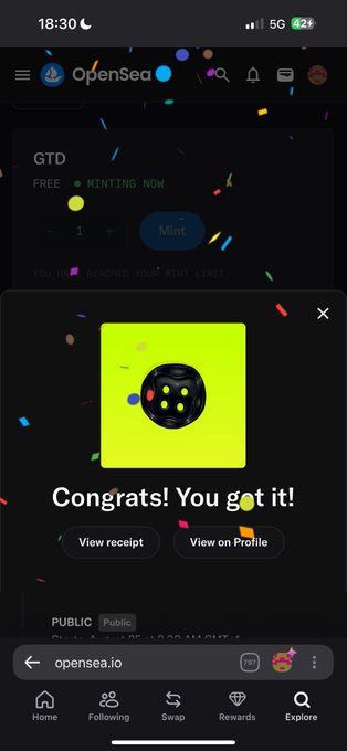 A mobile screenshot of OpenSea showing a successful free mint of a "GTD" NFT, with a "Congrats! You got it!" confirmation.