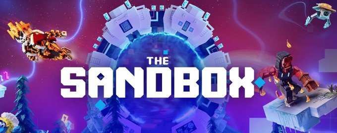 Promotional artwork for 'THE SANDBOX' video game, featuring colorful voxel-style characters and floating islands against a vibrant pink and blue cosmic background.