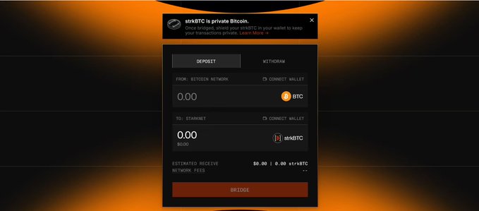A screenshot of a cryptocurrency bridge interface titled 'strkBTC is private Bitcoin,' showing a deposit form for converting BTC from Bitcoin Network to strkBTC on Starknet.