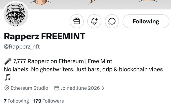 The image shows a social media post from an account named Rappperz Freemint. The post includes a white background with black text that reads "Rappperz Freemint" followed by a list of followers, which includes the numbers 7777, 7778, 7779, and 777a. The post also mentions a hashtag #ethics, possibly related to the content being shared on social media platforms.
