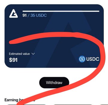Crypto withdrawal screen showing 91/35 USDC balance with an estimated value of $91 and a Withdraw button, circled in red marker.