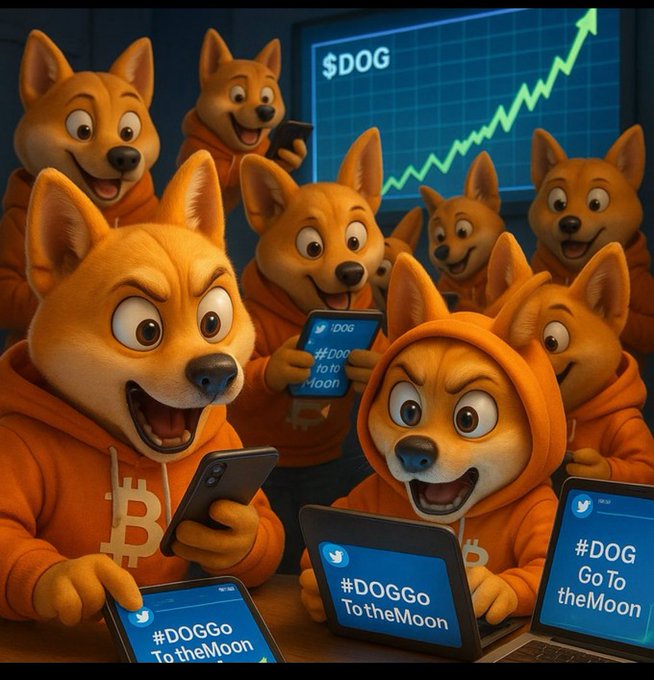 An AI-generated image depicting a group of anthropomorphic Shiba Inu dogs in orange Bitcoin-themed hoodies excitedly holding phones and laptops displaying '#DOGGoToTheMoon', with a chart showing $DOG trending upward in the background.
