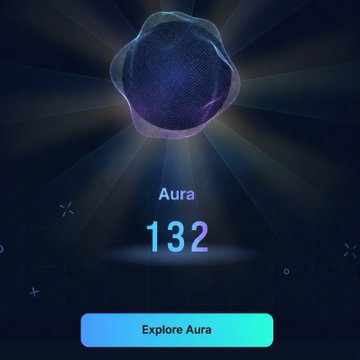 A digital interface displaying an 'Aura' score of 132 beneath a glowing, fluid 3D orb, with an 'Explore Aura' button at the bottom.