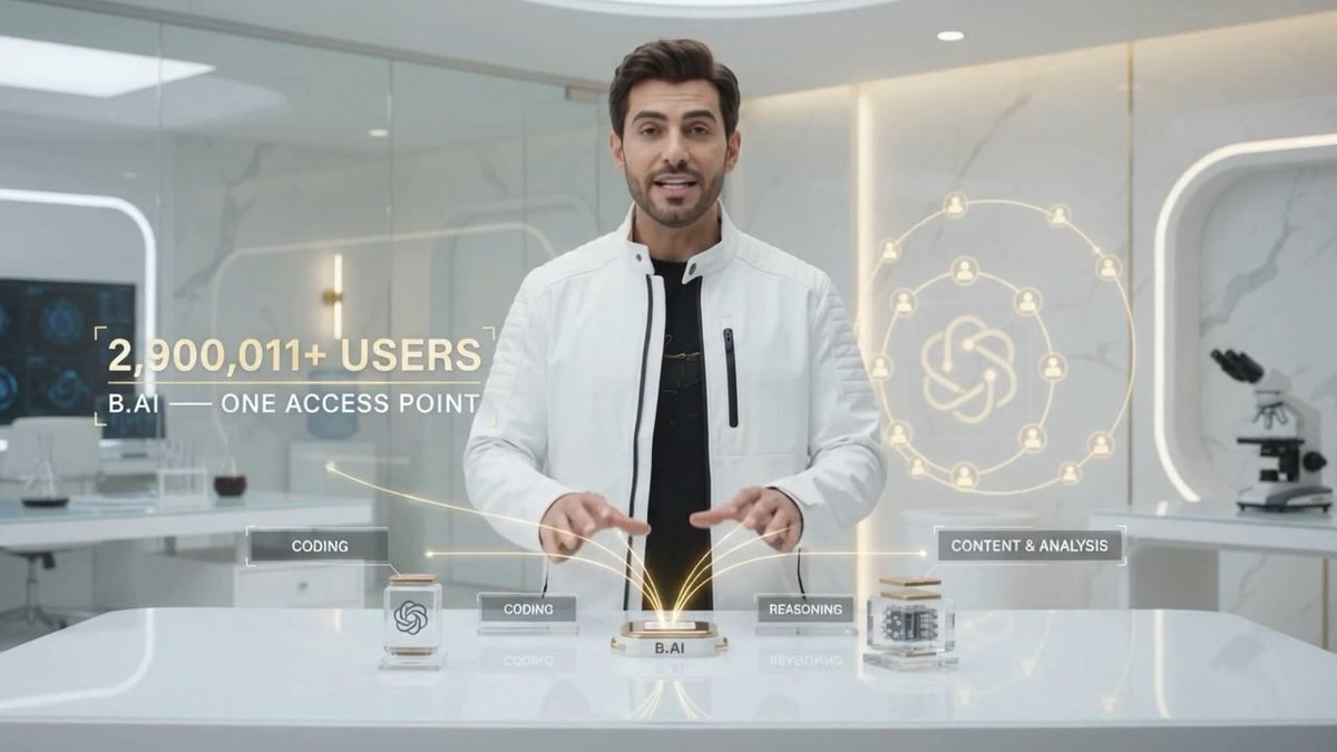 A man in a white jacket stands in a modern, white room presenting, with on-screen text reading '2,900,011+ USERS', 'B.AI — ONE ACCESS POINT', 'CODING', and 'CONTENT & ANALYSIS' alongside holographic graphics.