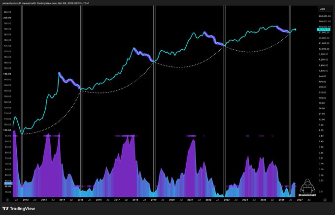 A TradingView chart from TradingView24 on October 8, 2026 shows Bitcoin's long-term price trajectory climbing from under $1,000 in 2013 to above $200,000 in 2026, with a cyan trend line and purple/blue volatility bars highlighting major cycle highs. The chart visually reinforces the post's point that investors who refuse to dollar-cost average and wait for "new lows" miss the sustained upward trend above $100K, only returning once prices have already broken out to new highs near $200K.