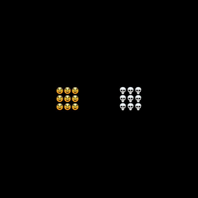 A black image featuring a 3x3 grid of smiling face emojis on the left and a 3x3 grid of skull emojis on the right, visually representing the "smiles vs. skulls" theme characteristic of Jack Butcher's viral artwork referenced in the post about his unreleased NFT mint.