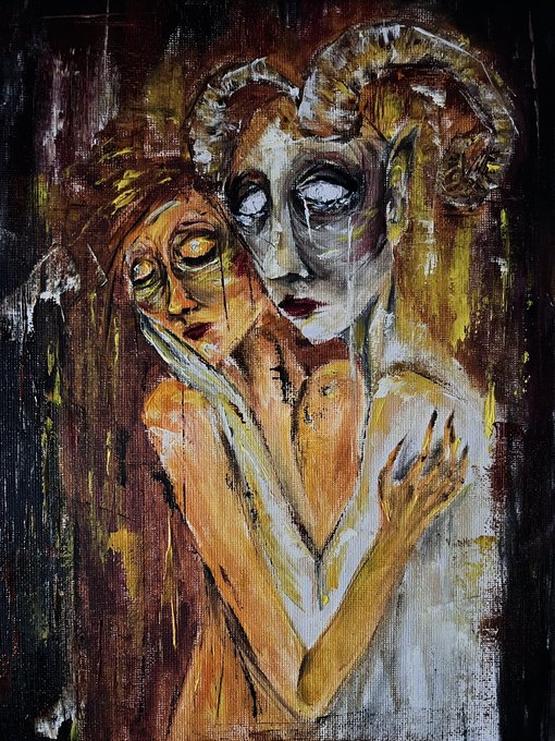 Expressionist painting of two figures with painted faces and horns, one embracing the other, rendered in earthy brown and ochre tones.