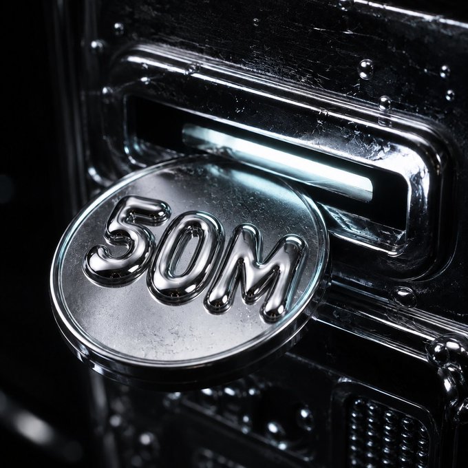 A chrome "50M" coin emerges from a dark metallic slot, visually representing the 50 million tokens that were bought back and subsequently burned. The image reinforces the post's message of a 5% supply reduction under the $CHAOS (NTRPY) token.