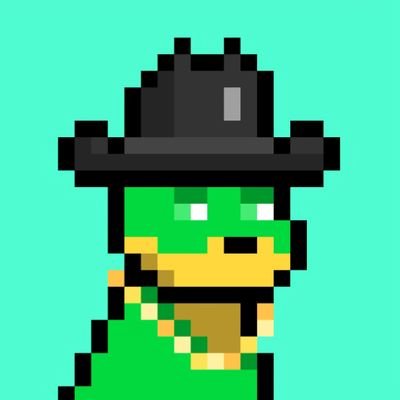 A pixel art illustration of a green reptilian character wearing a black wide-brimmed hat and gold chain, set against a solid teal background.