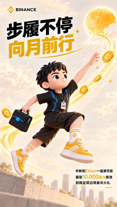 A Binance promotional poster featuring a cartoon boy reaching for a moon made of gold Binance coins, with Chinese text '步履不停 向月前行' (Keep walking, toward the moon) and a Mid-Autumn festival promotion offering a chance to win 10,000 USDT in USDe and limited luxury gifts.