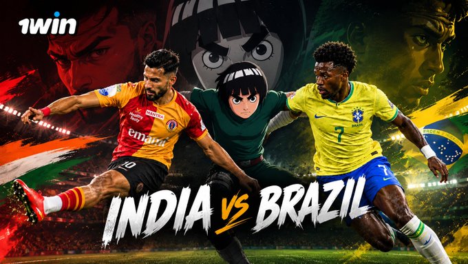 A sports betting promotional banner for "1WIN" features a "INDIA VS BRAZIL" matchup, showing two soccer players and an anime character posed in front of their respective national flag colors.